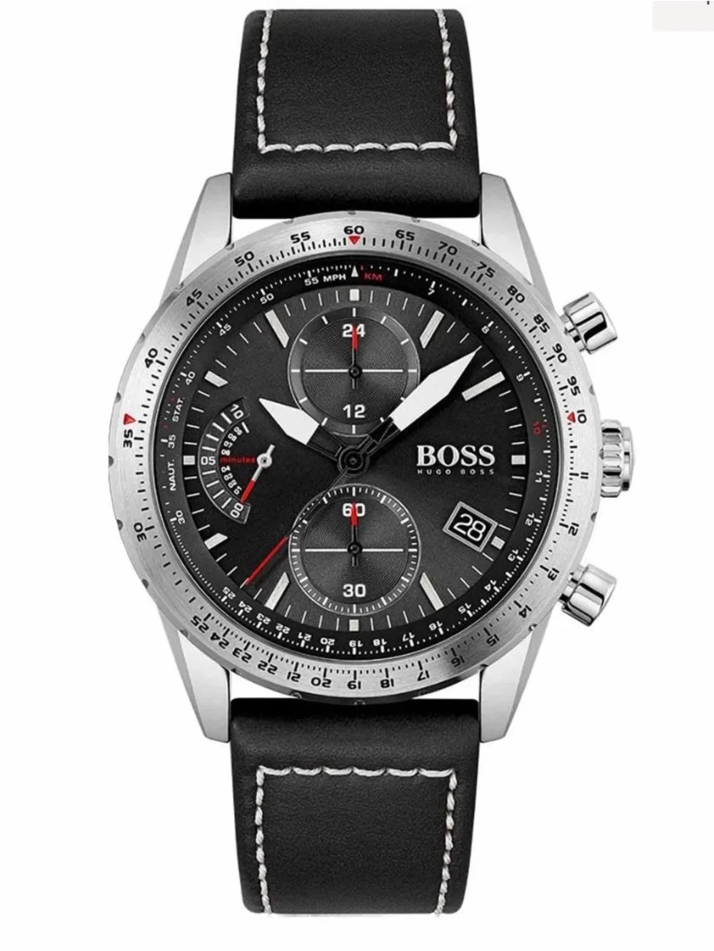 Hugo Boss Pilot Edition Black Dial Black Leather Strap Men's Watch